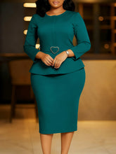 Elegant O Neck Heart Shaped Belt Slim Midi Dress